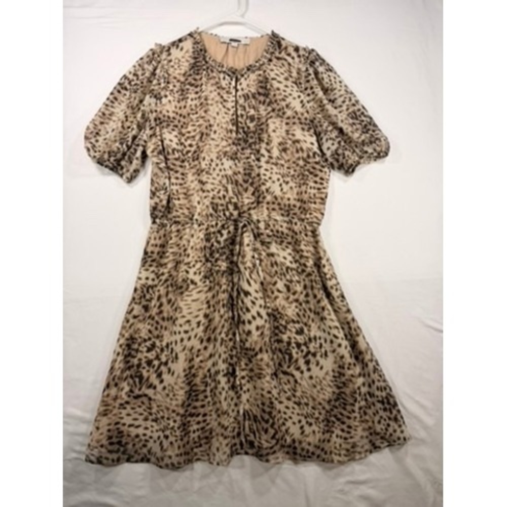 LOFT Animal Print Dress Women MP Brown Excellent Drawstring Waist Puff Sleeve